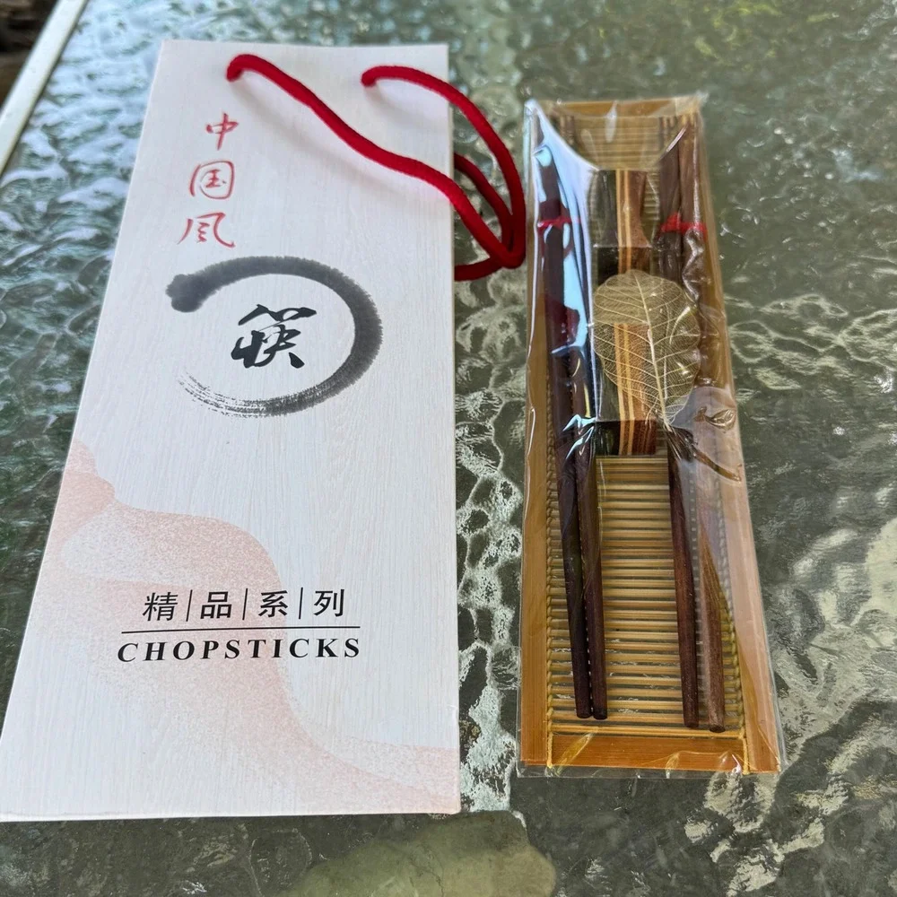 New Hong Kong Wood Chopstick Set with Rest Bamboo Mat and Gift Bag Brown Chinese